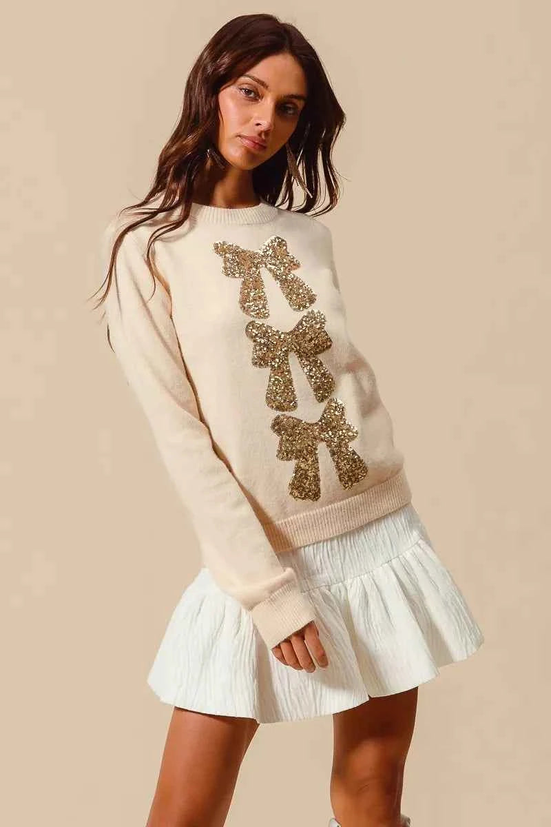 SO ME Sequins Bow Ribbon Embellished Christmas Sweater 2edba6092b3c42d1851b5349e7ab55c7-Max-Origin