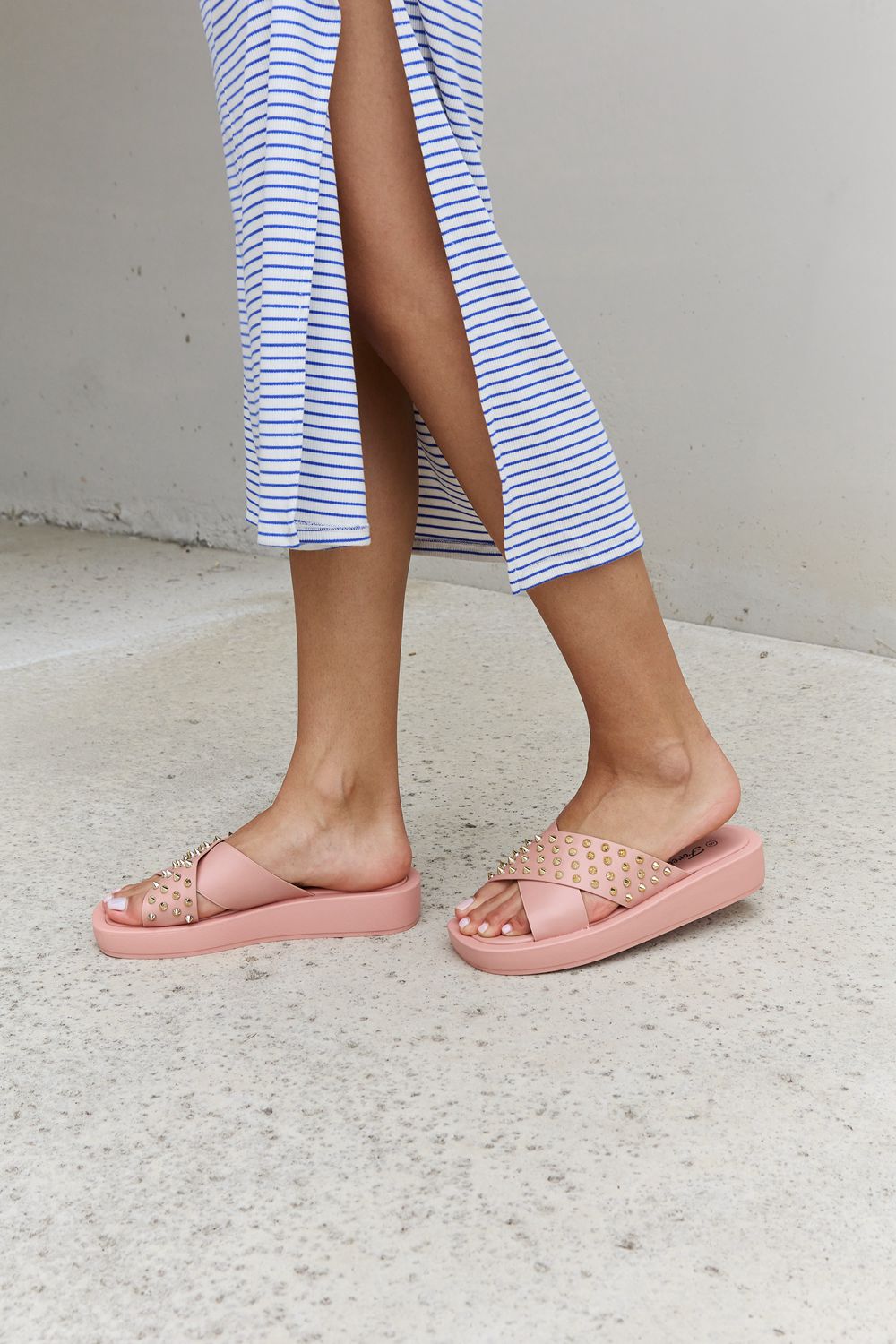 Forever Link Studded Cross Strap Sandals in Blush 2ee651df7b604c279dfcb34201f24b50-Max