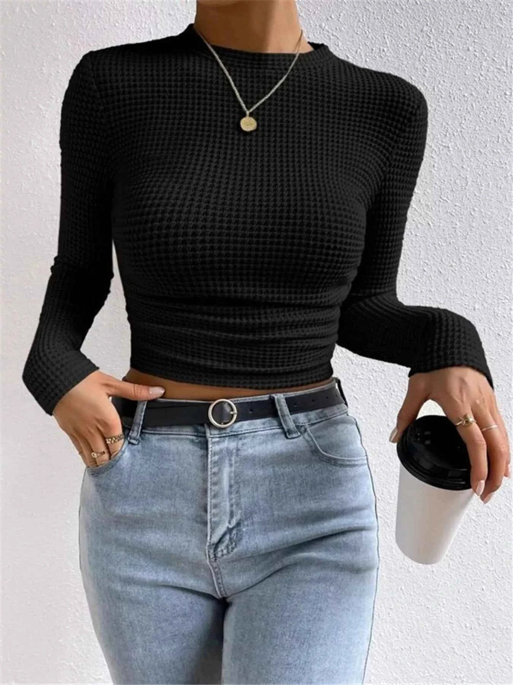 Waffle Knit Long Sleeve T-Shirt 2ee721182bf5462e96601314e8353f01-Max-Origin