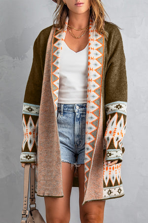 Brown Aztec Print Open Front Knitted Cardigan Brown 48%Acrylic+28%Nylon+24%Rayon 2ee7a2039c085998