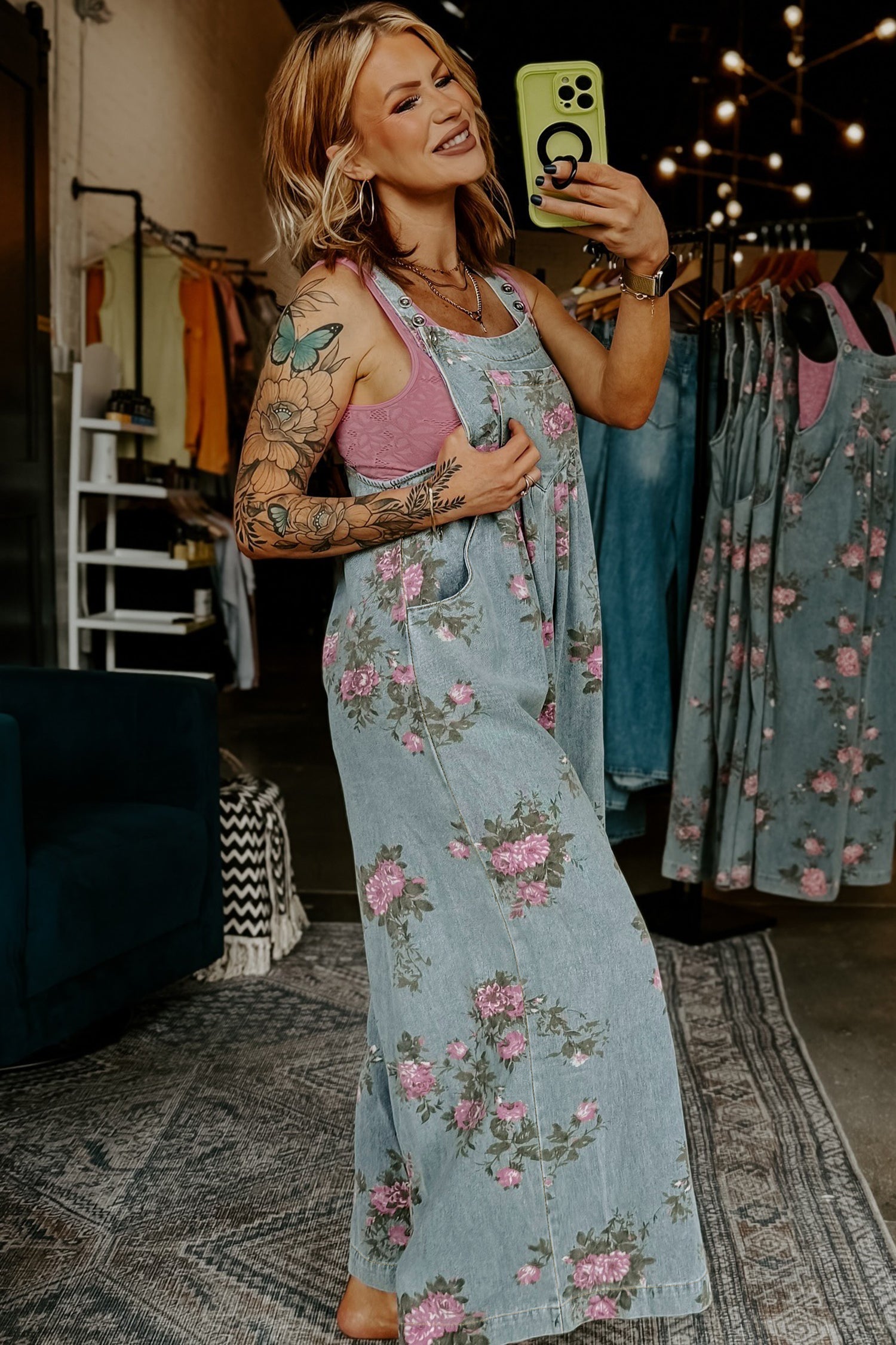 Beau Blue Floral Print Pleated High Waist Wide Leg Denim Jumpsuit 2ee973452f8094d6