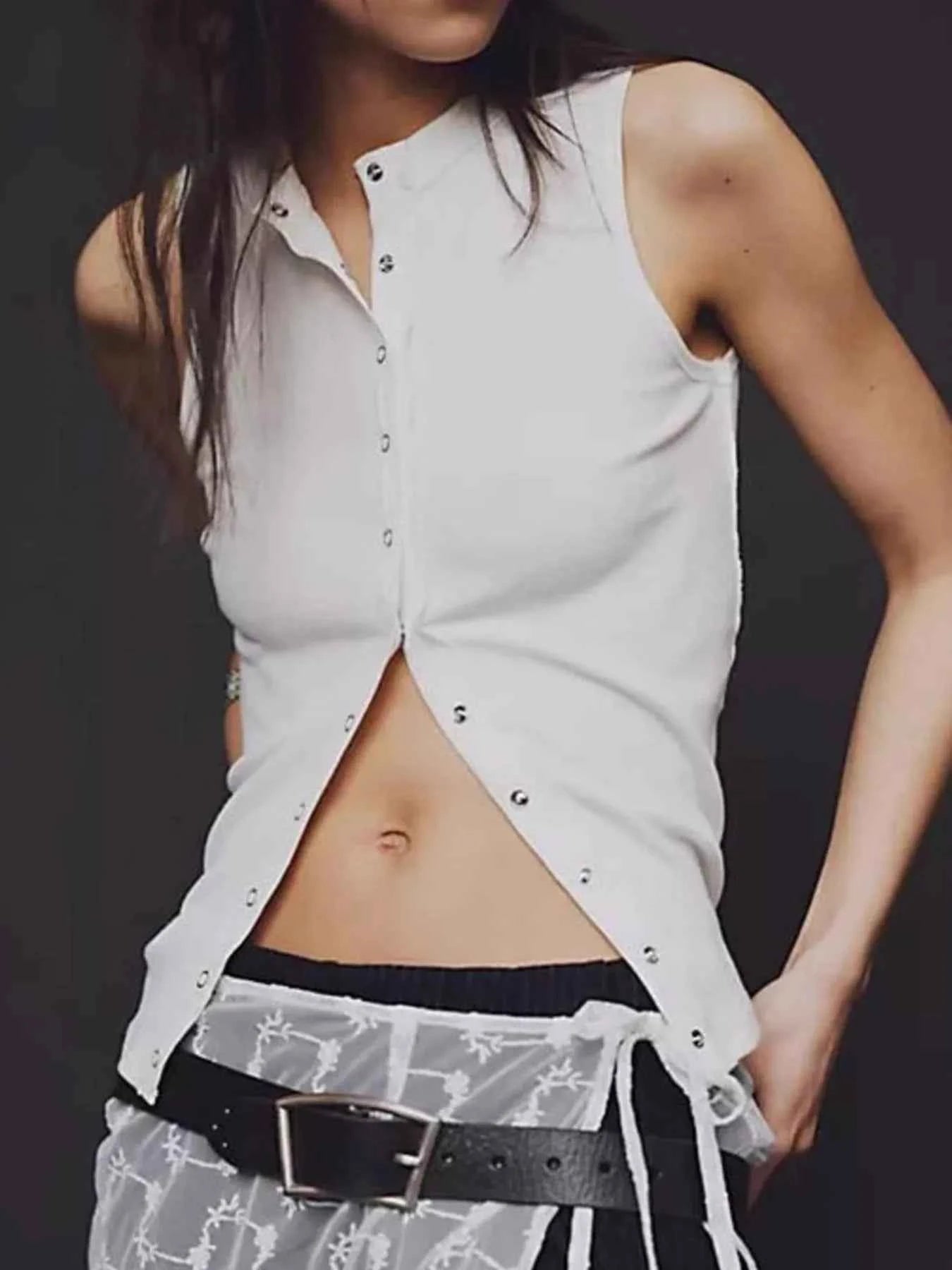 Snap Down Round Neck Ribbed Slim Tank Vest White 2eed6879-853a-44b6-8a71-f294c748839d-Max-Origin
