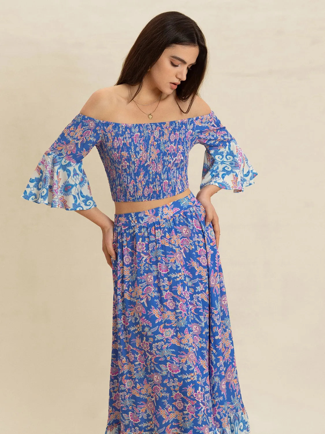 Smocked Off-Shoulder Printed Top and Skirt Set 2eef2876-ae40-4483-b40a-0f1df7295e77-Max-Origin