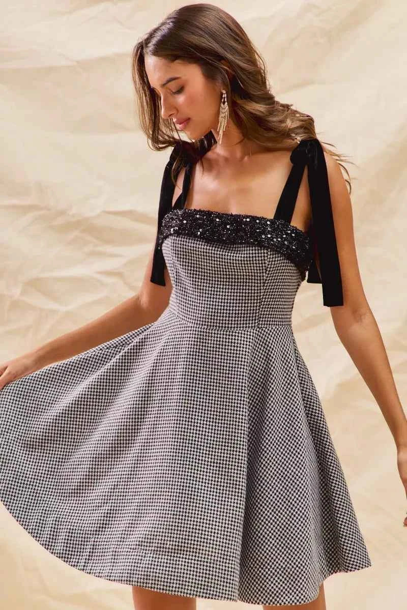 SO ME Houndstooth Fit Flare Mini Dress with Shoulder Tie BLACK 2ef704ed6c8a4bacb53b2b56d4a9f525-Max-Origin