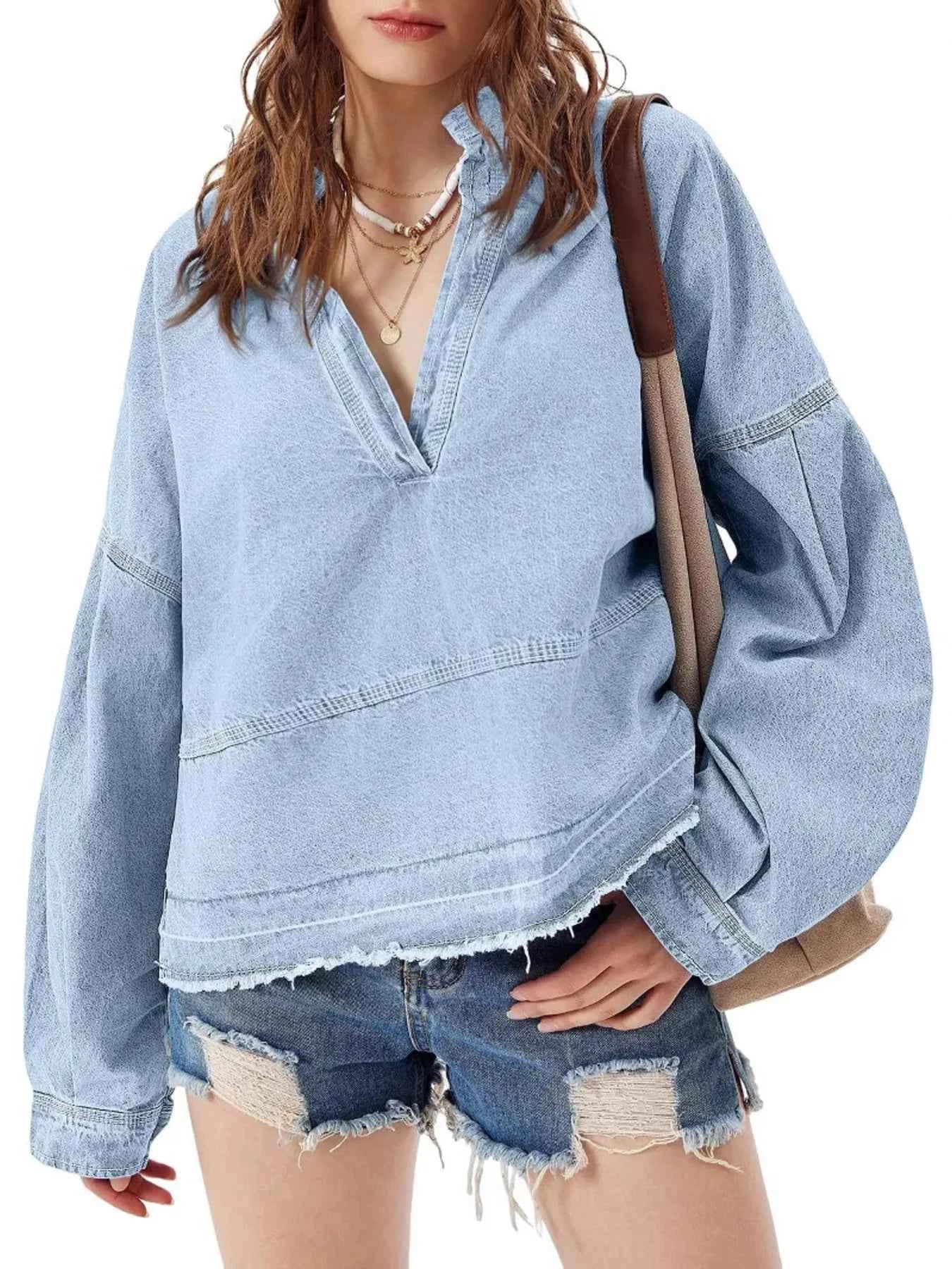 Raw Hem Long Sleeve Denim Top Light Blue 2efd79634d114f2e86370e7cebd3d724-Max-Origin