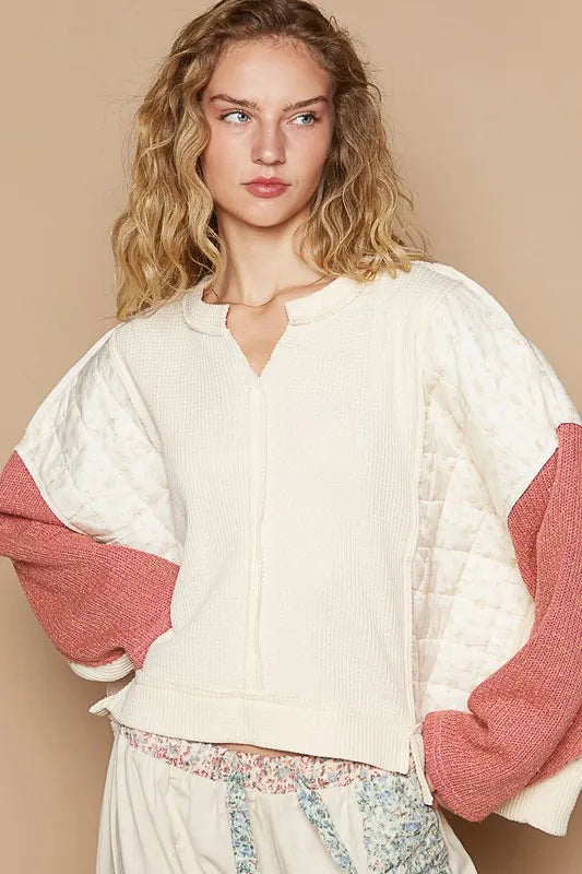 POL Waffle-Knit Contrast Notched Long Sleeve Knit Top 2eff844b-b911-4979-855b-23ff06037209-Max