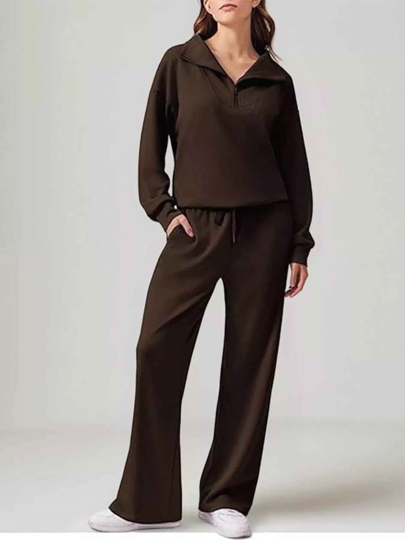 Relaxed Fit Quarter-Zip Top and Pants Set Dark Brown 2f00be38985a426a8ff42cda00ccca85-Max-Origin