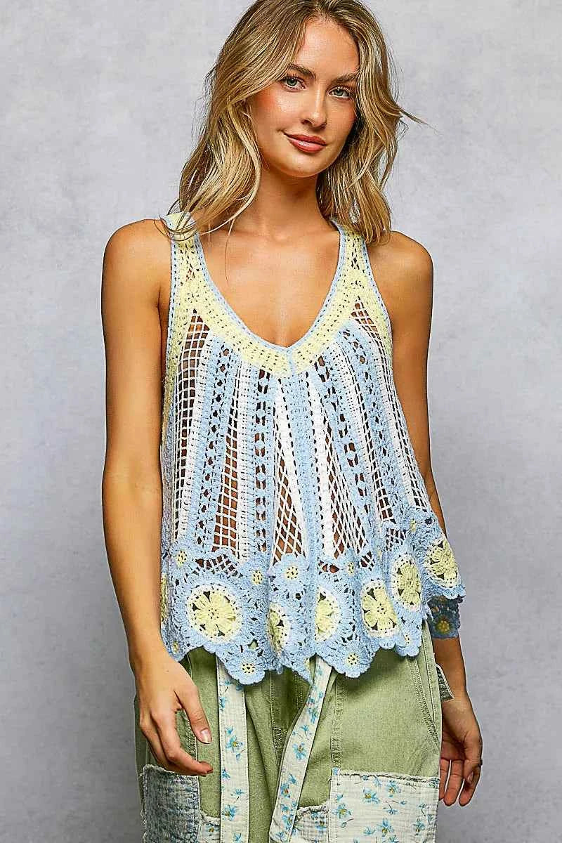 POL Openwork Stripe Pattern Flowy Tank with Scalloped Edge BLUE MULTI One Size 2f02d1a8-348b-4ad0-9400-f1504ab59463-Max-Origin