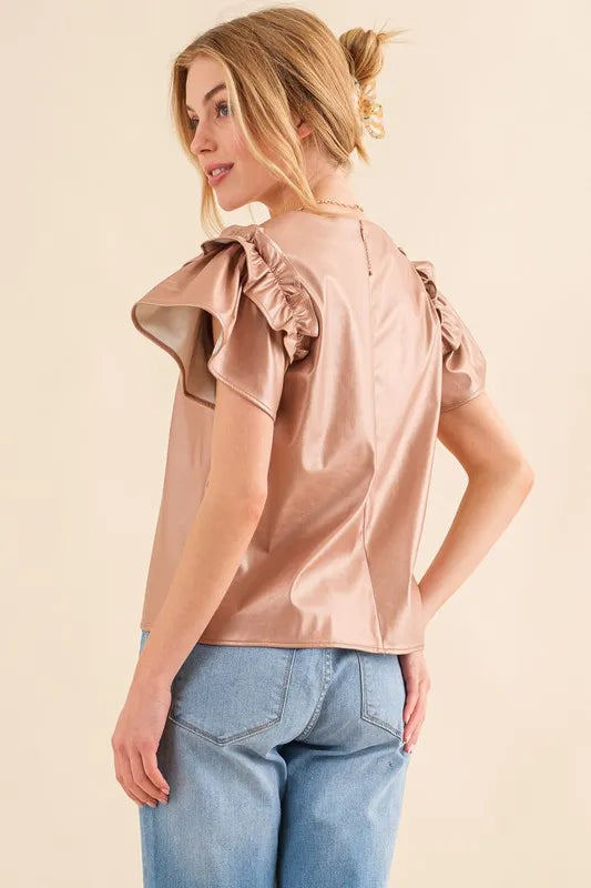 Faux Leather Metallic V-Neck Top with Ruffle Sleeves 2f036de5484f4815a04e696e7d27fd54-Max-Origin