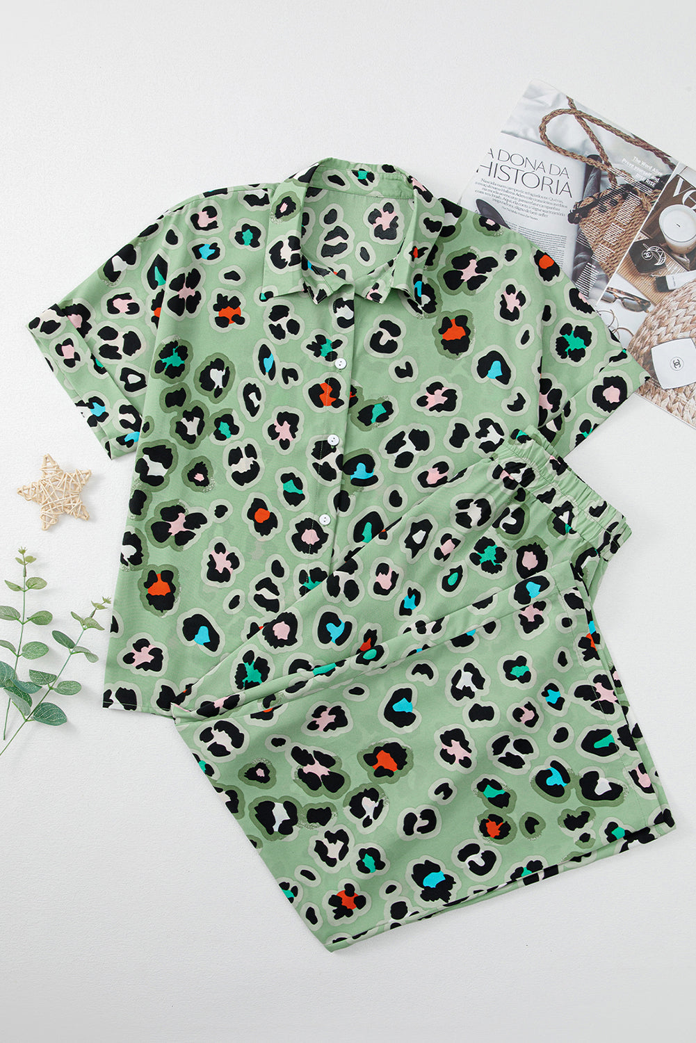 Green Leopard Print Short Sleeve Shirt and Wide Leg Pants Set 2f0b075203f545d5