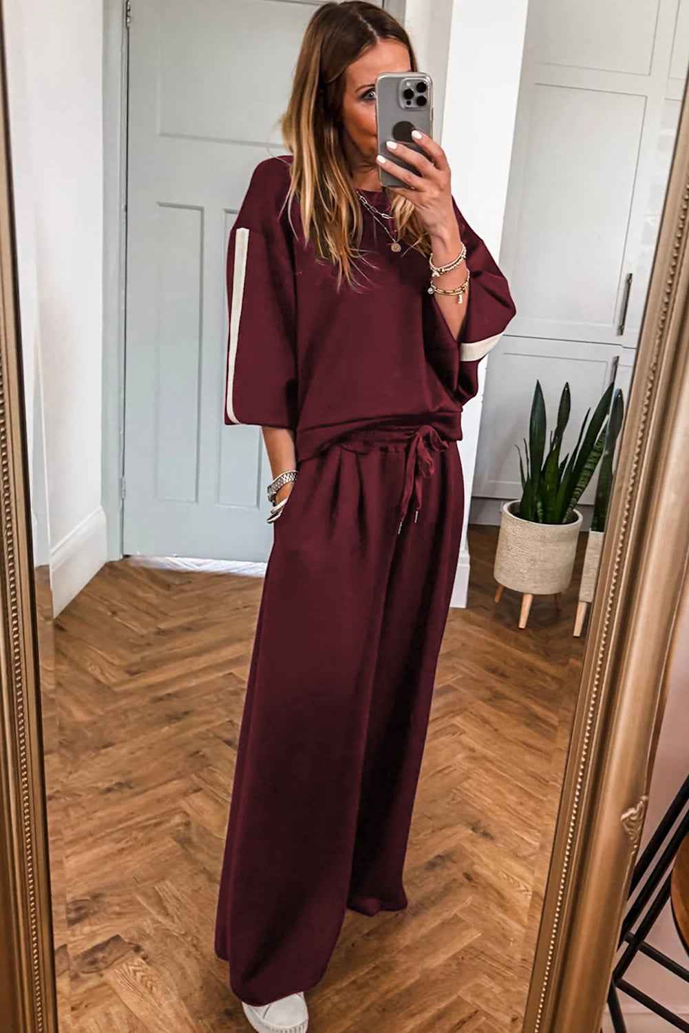 Burgundy Varsity Striped 3/4 Sleeve Pullover Drawstring Sweatpants Set 2f0c42db48b2df70