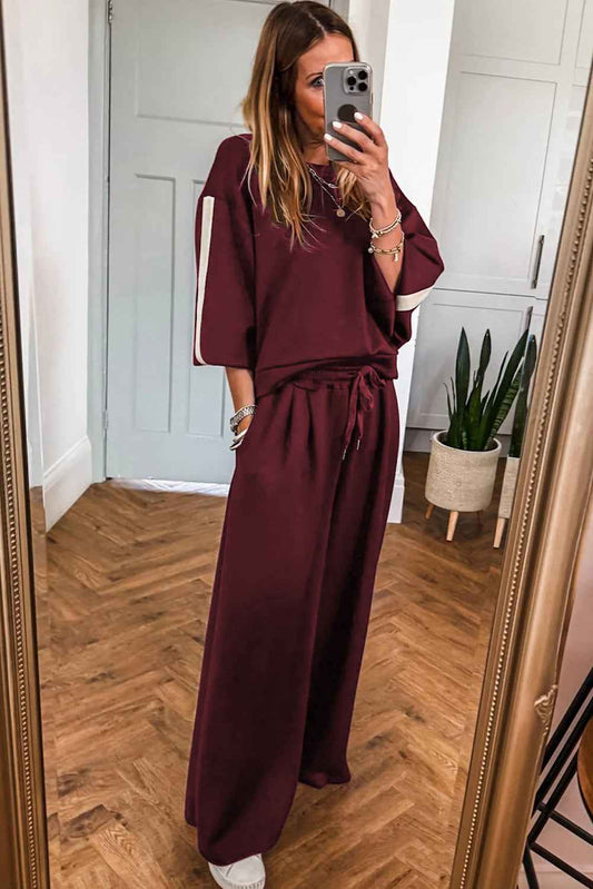 Burgundy Varsity Striped 3/4 Sleeve Pullover Drawstring Sweatpants Set 2f0c42db48b2df70