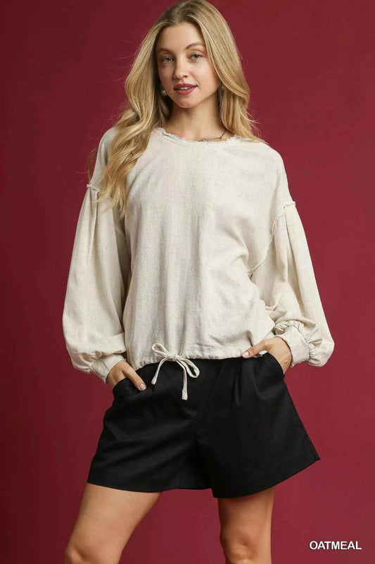 Umgee Linen Long Sleeve Top with Drawstring OATMEAL 2f113dfb-899f-4595-8297-be63efc944a9-Max-Origin