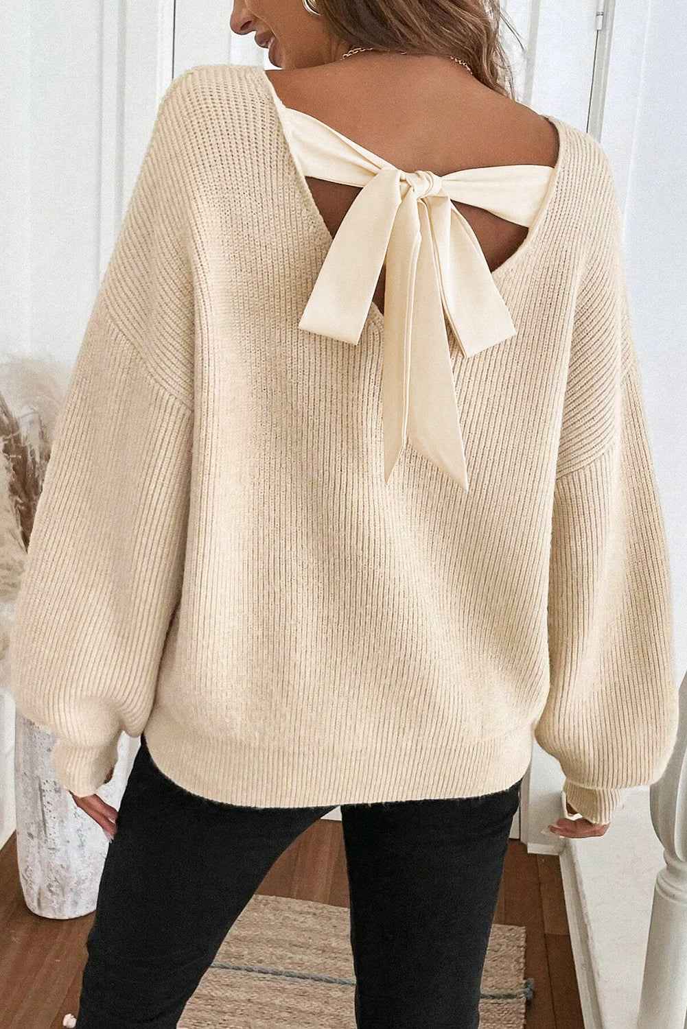 Red Dahlia Ribbed Knit Ribbon Knot Backless Drop Shoulder Sweater Jet Stream 52%Viscose+26%Polyester+22%Polyamide 2f1498885d4560e8