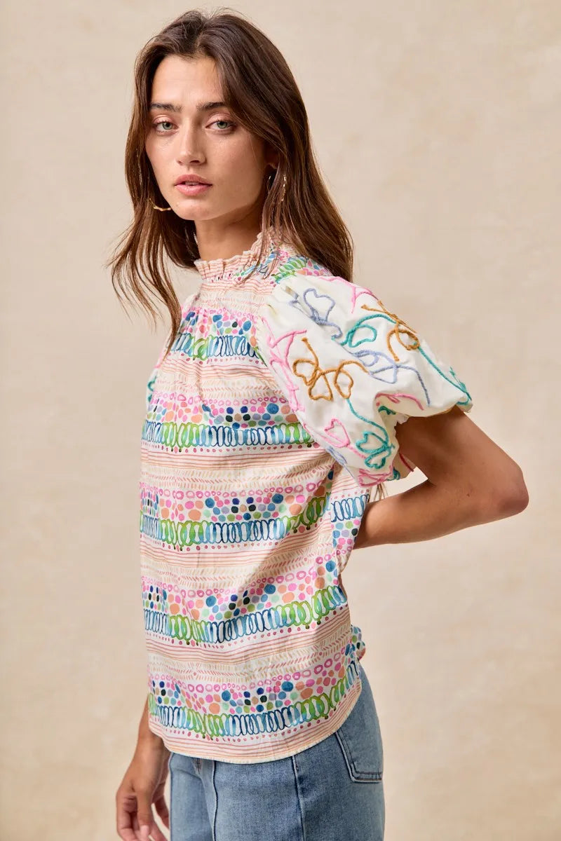 BiBi Ruffle Neckline Blouse With Embroidery Bubble Sleeve 2f1c001e1db44d75b9ca41a509f8796d-Max-Origin