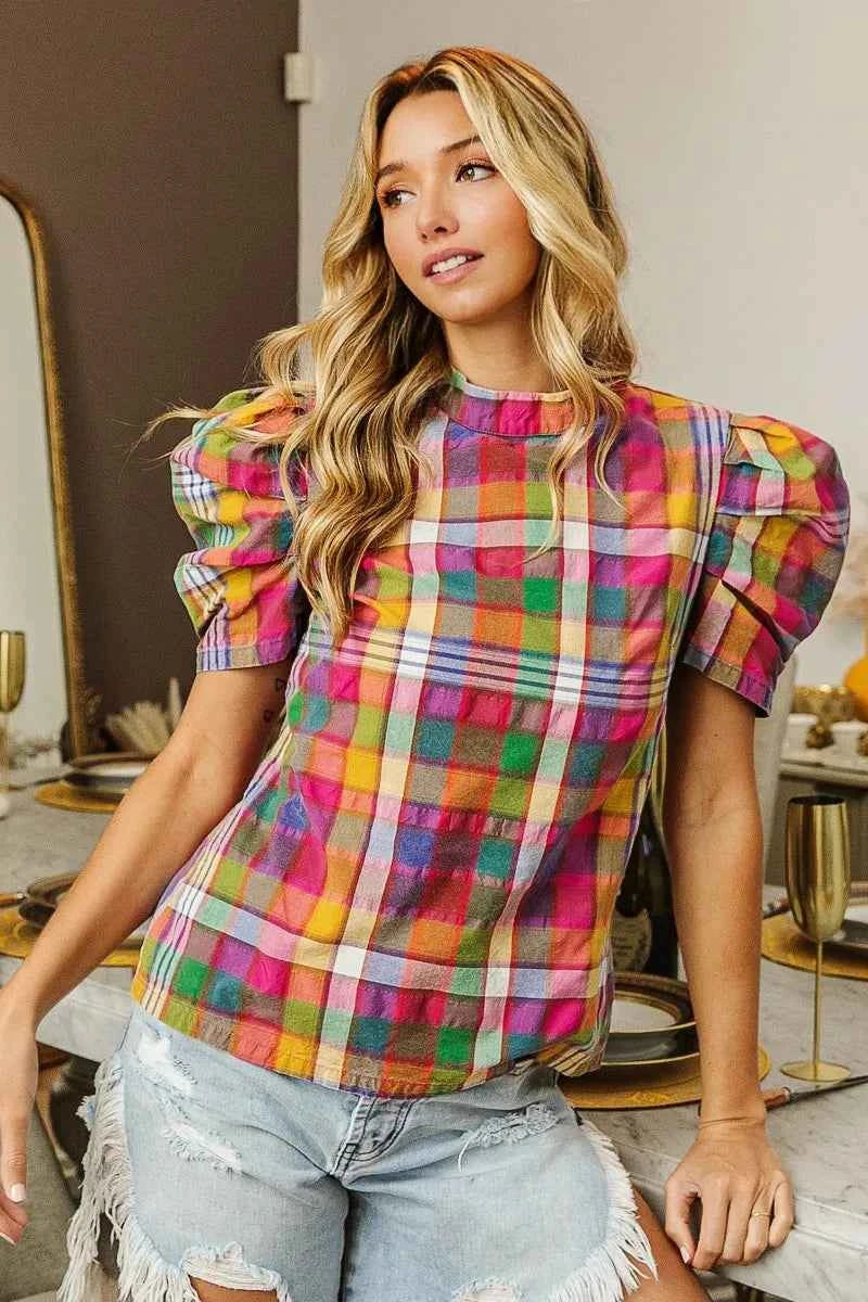 BiBi Short Puff Sleeve Washed Vintage Plaid Top 2f2ed26bbca8475e8a6f449f4ceabc5c-Max-Origin