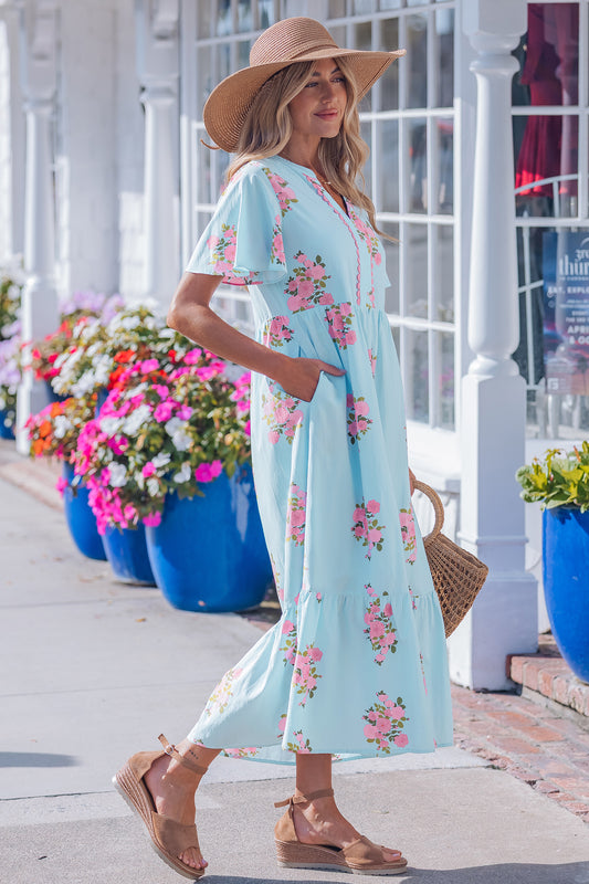 Sky Blue Notched Neck Flutter Short Sleeve Floral Print Maxi Dress 2f306c5b54a3127c