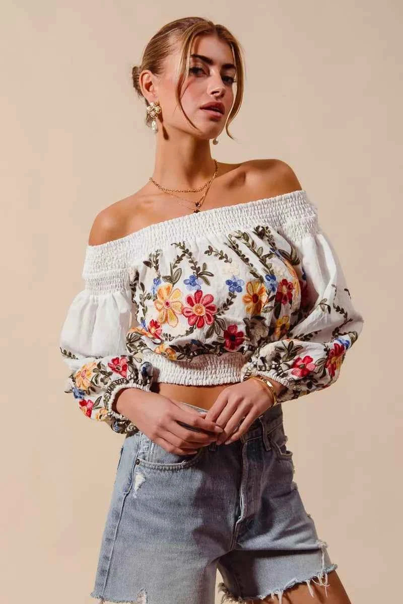 SO ME Floral Embroidered Off The Shoulder Crop Top 2f35594f7c9f4431aed5b393372ee844-Max-Origin