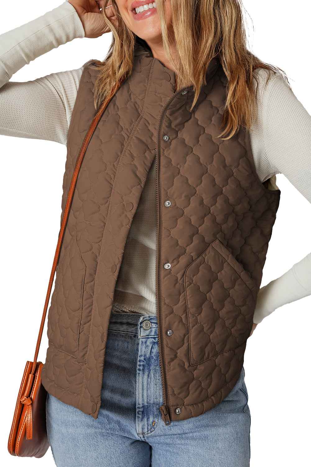 Dark Brown Flower Shape Quilted Snap Button Zip Up Winter Vest 2f399b560bddda31