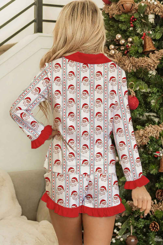 White Christmas Santa Claus Contrast Ruffle Trim Pajama Set 2f3bea4ecc5157cb