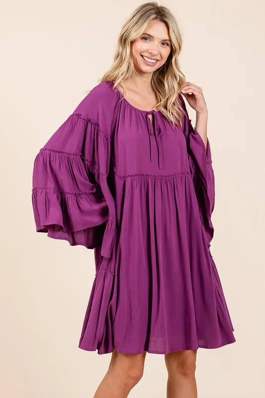 Mittoshop Frill Tie Neck Bell Sleeve Dress Red-Violet 2f3e885d-1a52-4bfa-9d31-17eb222540ed-Max