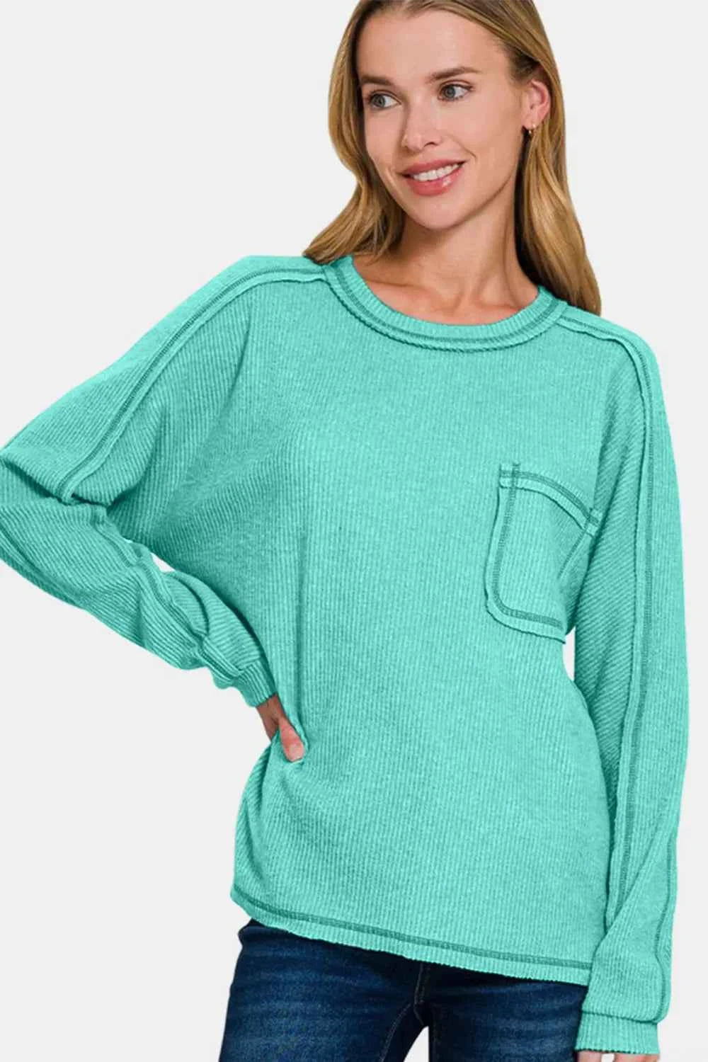 Zenana Full Size Contrast Stitching Brushed Ribbed Hacci Knit Top Plus Size 2f4b283b-58e1-4c32-bd48-934c90eed4de-Max
