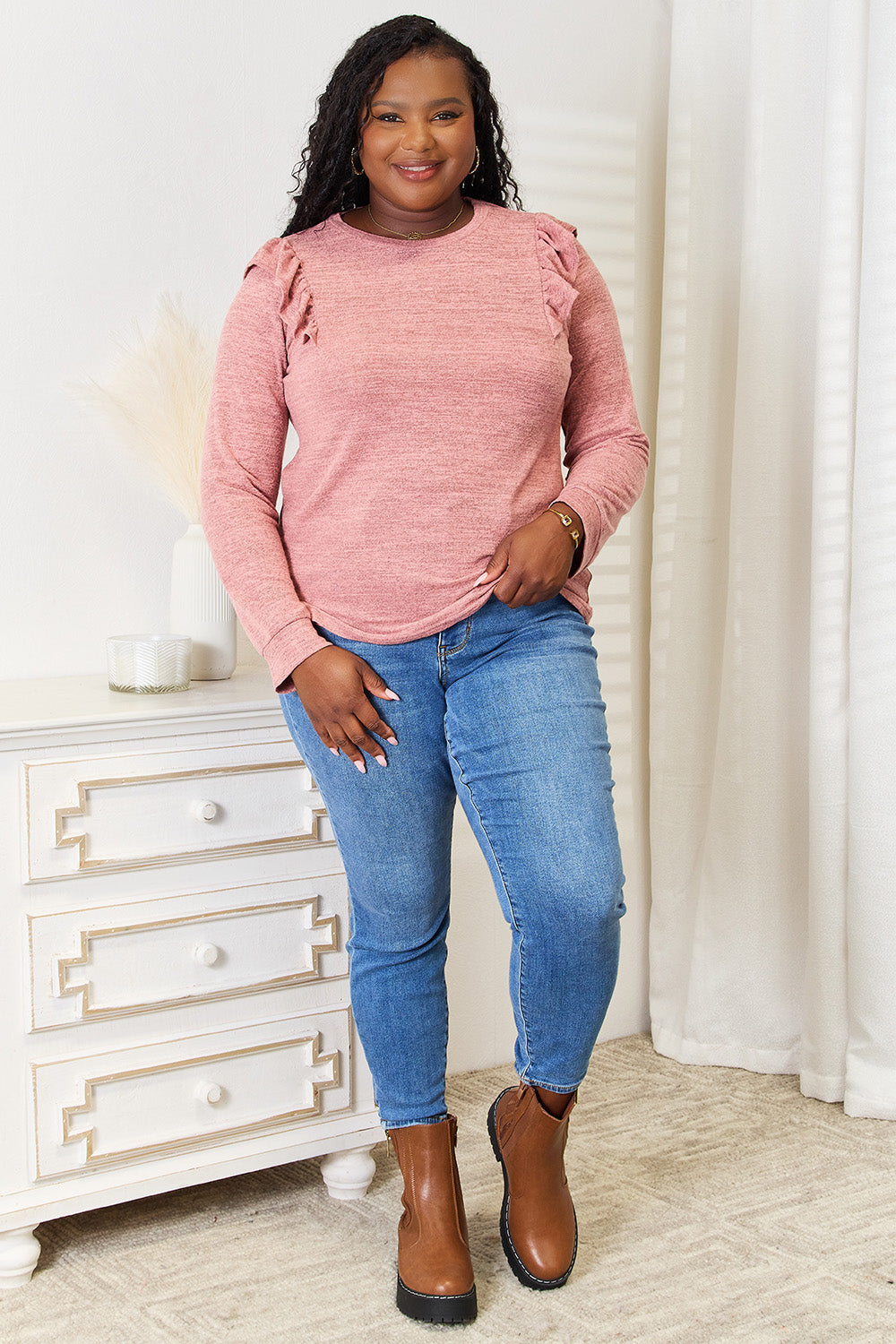 Double Take Ruffle Shoulder Long Sleeve T-Shirt 2f4e96bc64fc44908104aa57c0e1c2cf-Max