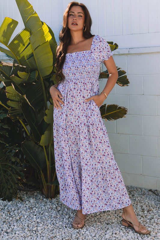 Purple Floral Short Bubble Sleeve Shirred High Waist Maxi Dress 2f534ed88d0de1d6