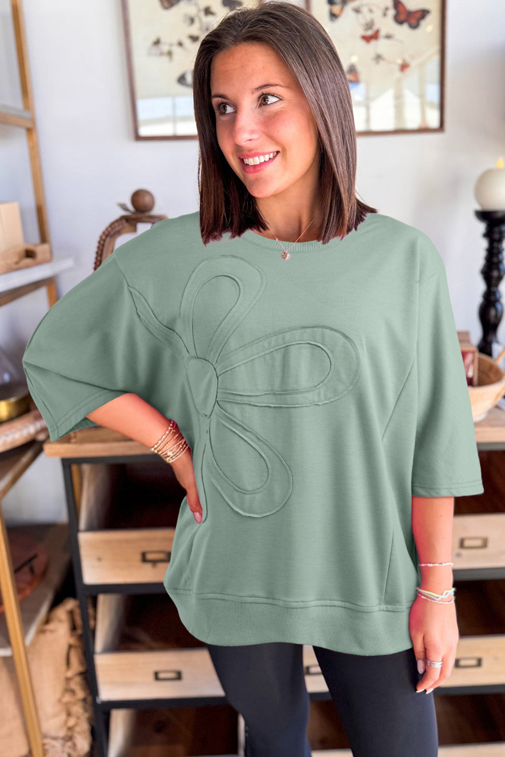 Clearly Aqua Solid Color Floral Patched Half Sleeve Tunic Top 2f53710ae0477e91