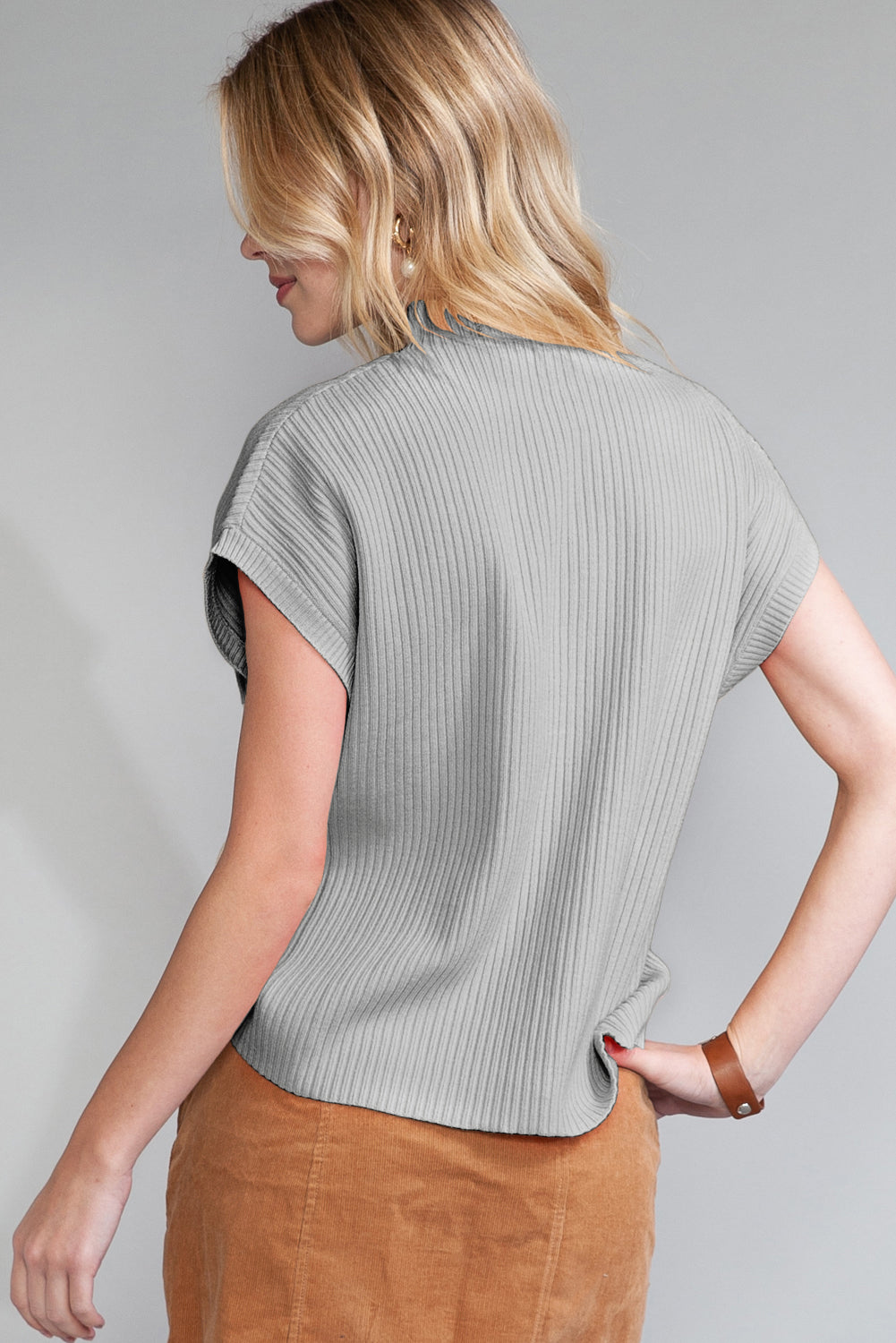 Green Patch Pocket Ribbed Knit Short Sleeve Sweater 2f5a7eb8924a0793