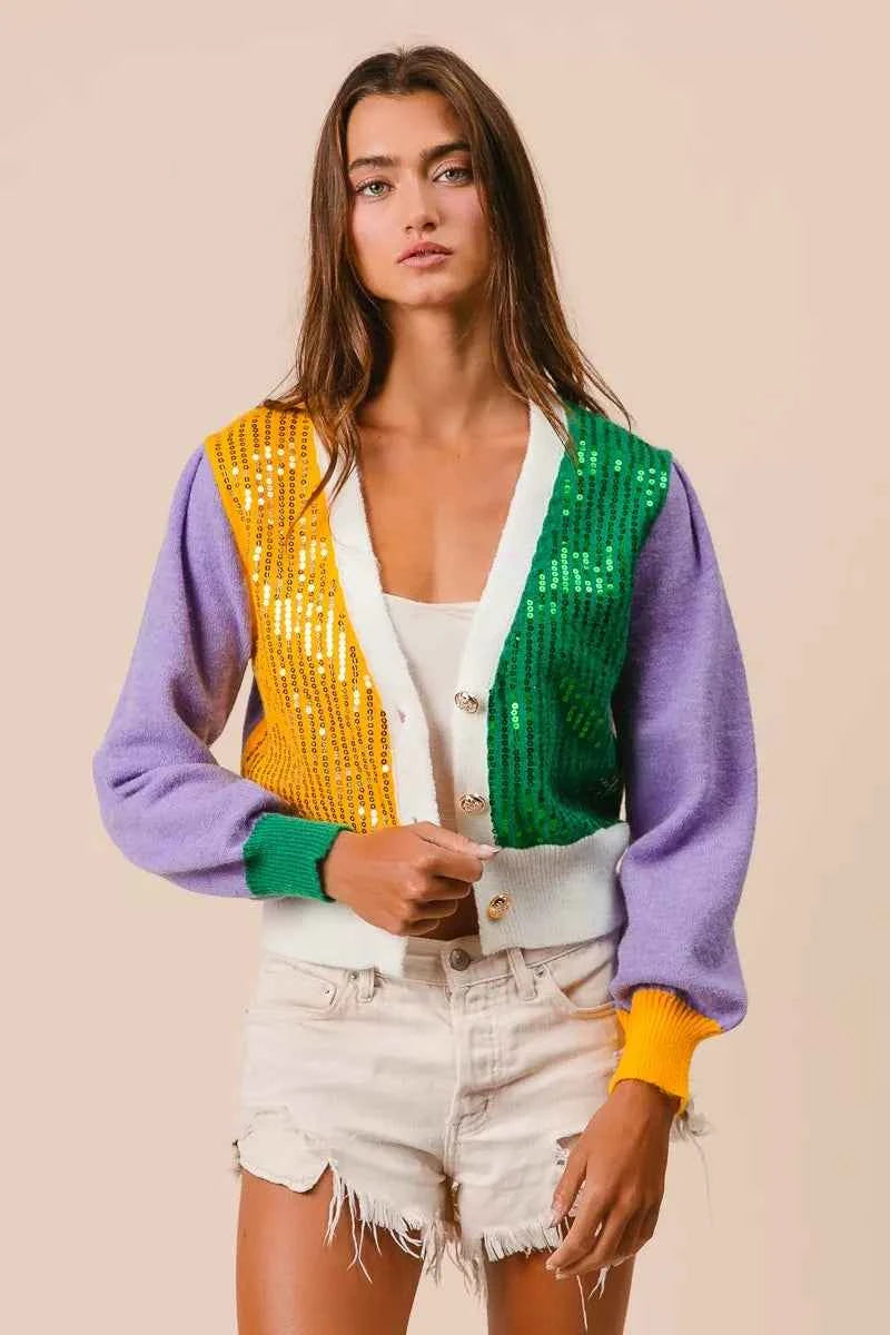 BiBi Mardi Gras Color Block Sequin Sweater Cardigan MUSTARD GREEN PURPLE 2f5baebce8574b43a0f70fd90f0281ec-Max-Origin
