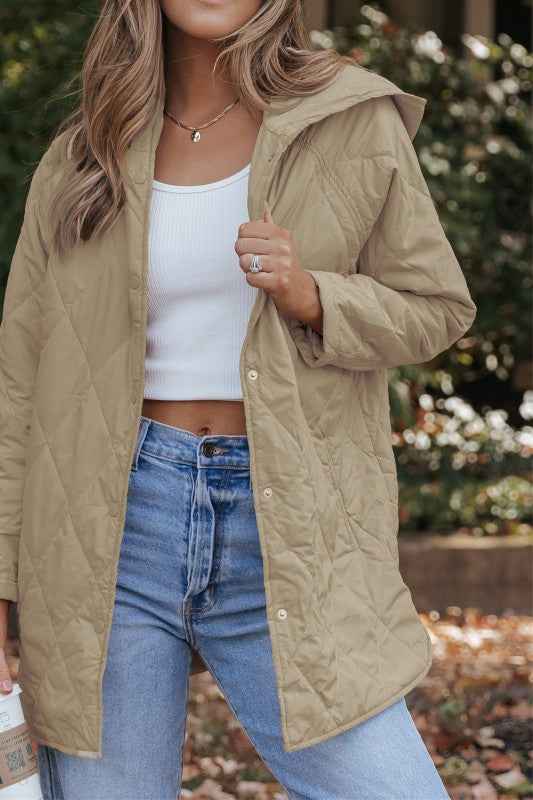 Solid Quilted Snap Button Hooded Puffer Coat Khaki 2f5f4e44-6174-4b68-806d-c6cff06adb0b