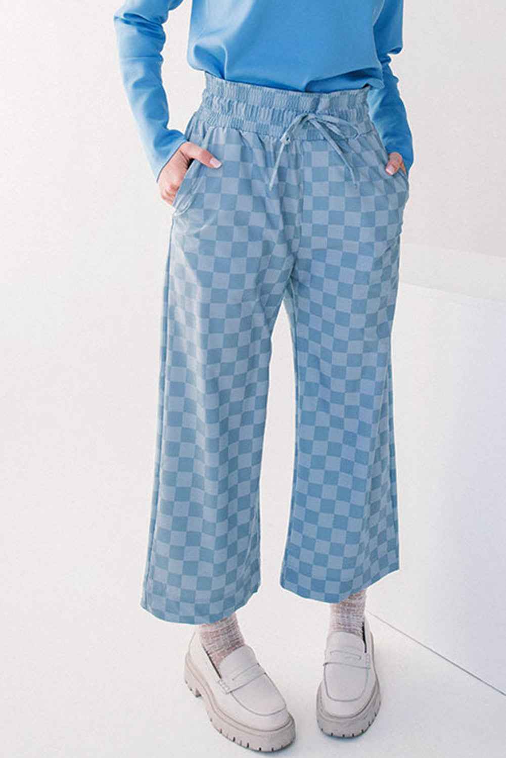 Khaki Tie Elastic Waist Checkered Loose Pants 2f6263a82e3518b4