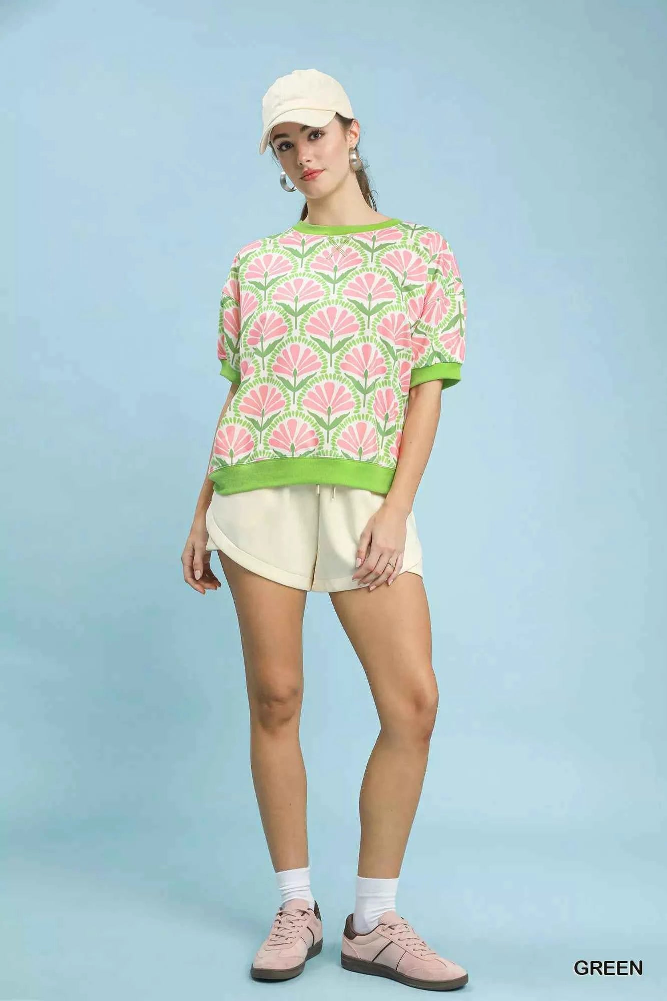 Umgee Floral Print Short Sleeve French Terry Top GREEN 2f68a12e-7a20-43ae-8446-698a09eb16f4-Max-Origin