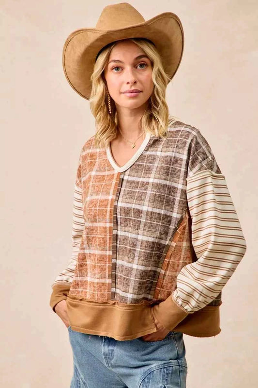 Plaid And Stripe Mix And Match Top With Open Seam 2f6a3e3e18844fc482a71227e9ac7dd3-Max-Origin