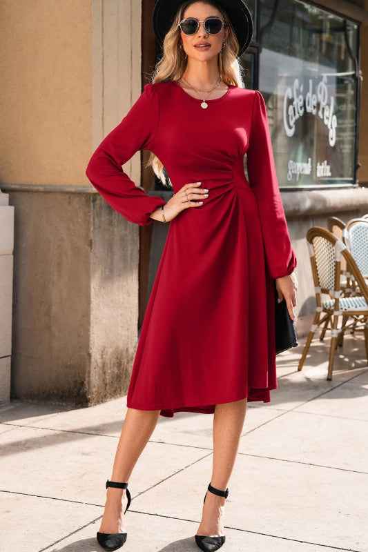 Solid Ruched Long Sleeve Midi Dress Fiery Red 2f6c2ef6-56f4-4ed4-9da0-d0e20e9c4113_d26c5e3f-ebc8-48b5-aab4-b02cdee648df