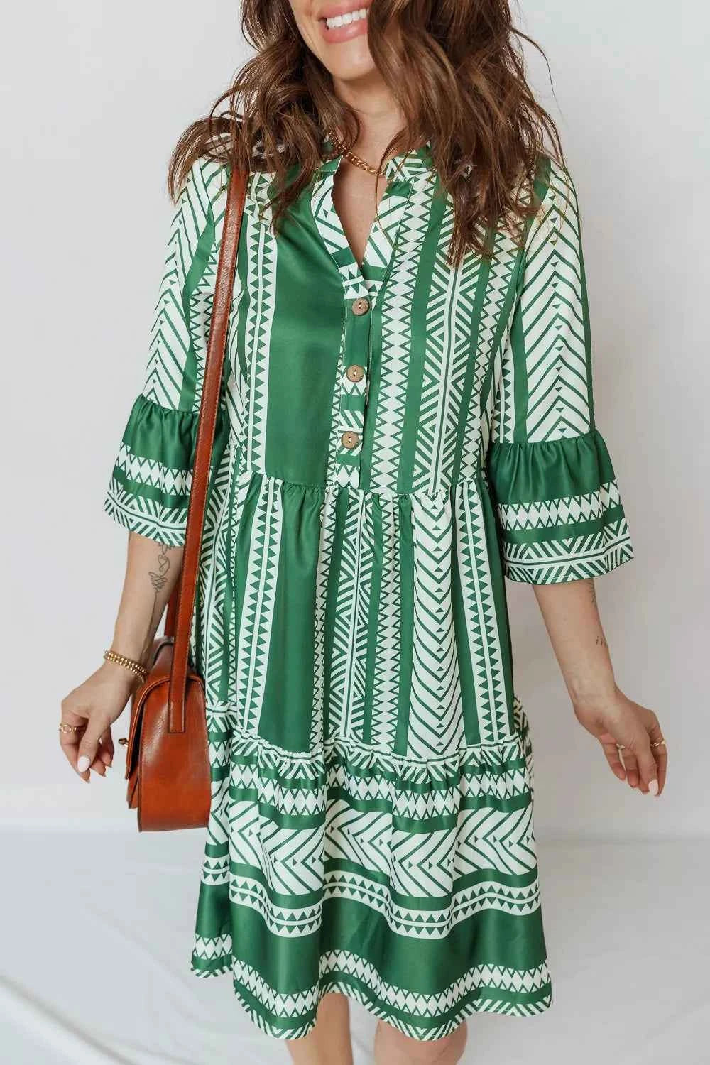 Ethnic Print Half Button 3/4 Sleeve Casual Dress 2f782f72-66f6-4177-8931-b65ffa57b7f5-Max-Origin