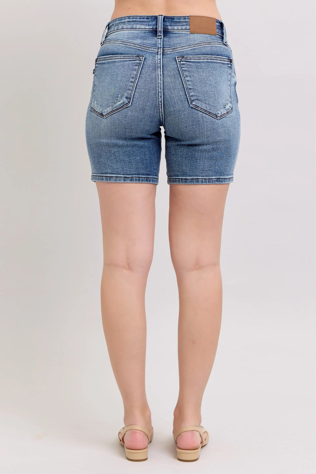 Judy Blue Button Fly Mid Length Denim Shorts W/ Destroy 2f7b22eb1b334e5685a88ae74d23fc25-Max-Origin