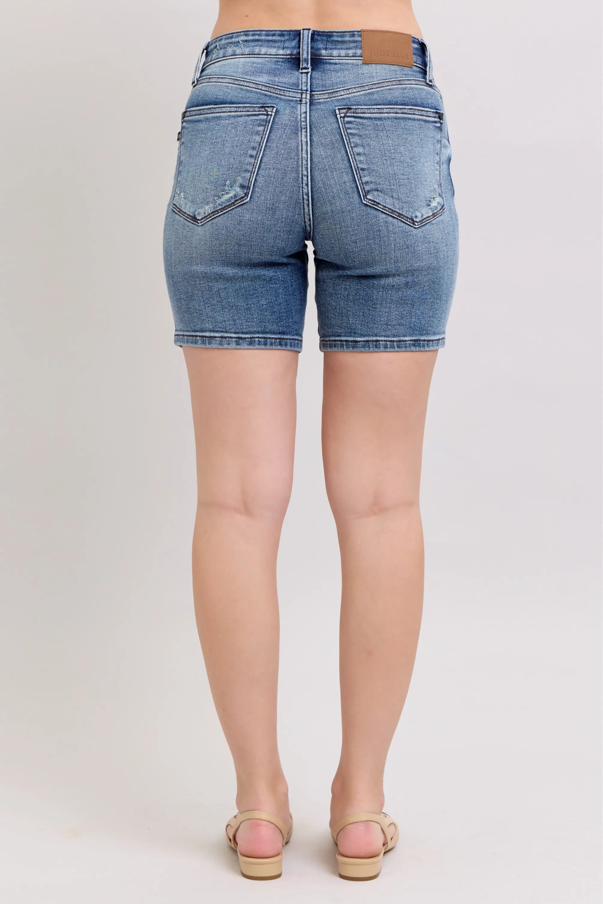 Judy Blue Button Fly Mid Length Denim Shorts W/ Destroy 2f7b22eb1b334e5685a88ae74d23fc25-Max-Origin