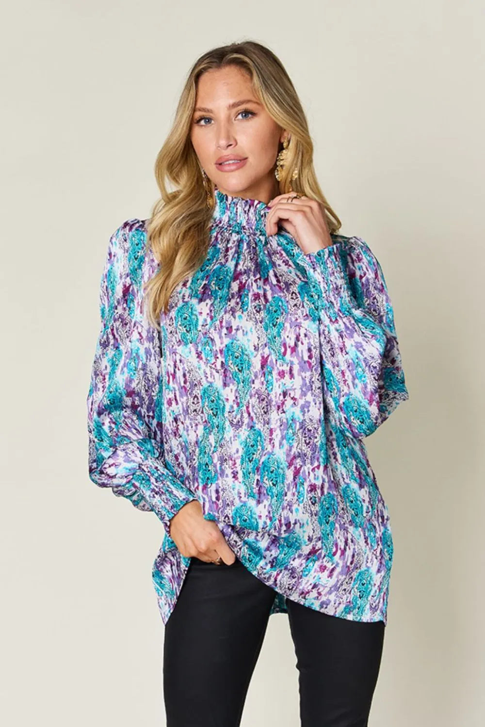 Double Take Full Size Printed Smocked Long Sleeve Blouse Sky Blue 2f7f20ac-ae8e-43f7-8e39-957832f21314-Max
