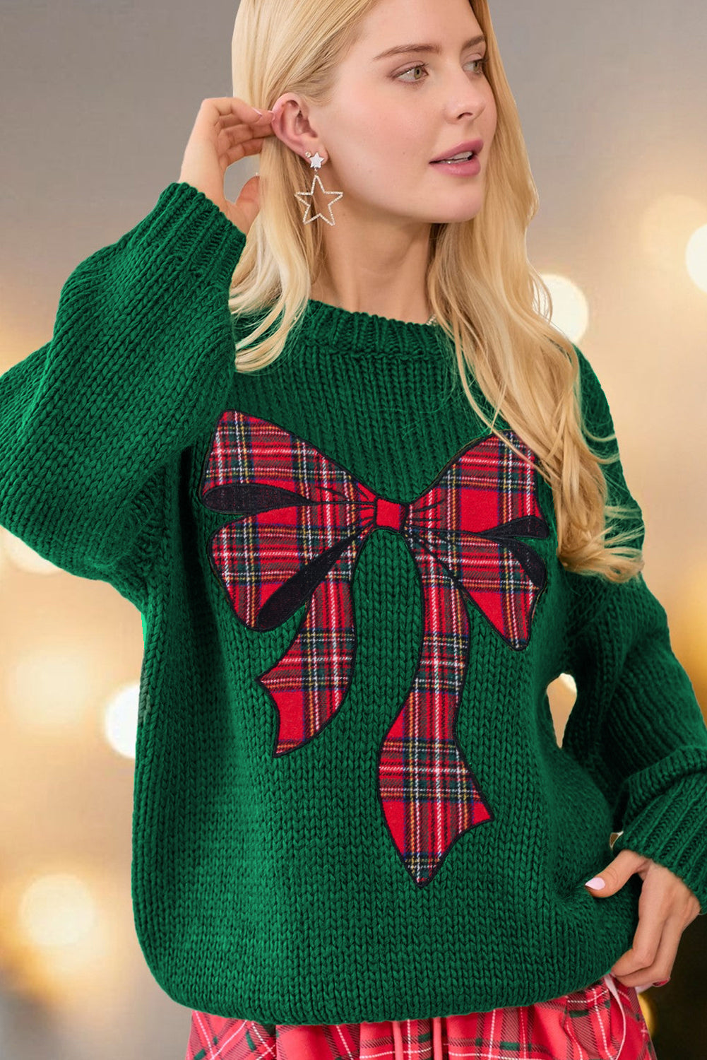Evergreen Plaid Bow Graphic Christmas Sweater 2f84ceca438bc777