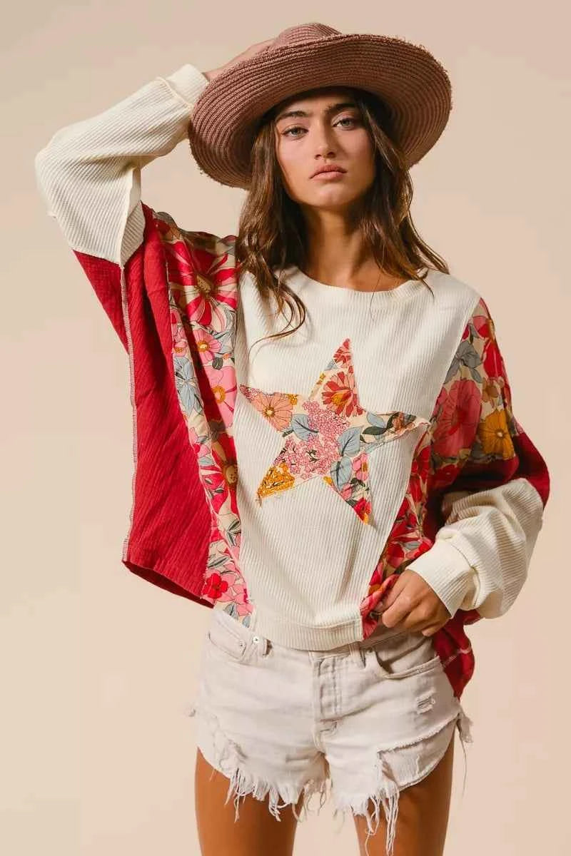 BiBi Floral Print Mixed Star Patch Round Neck Sweatshirt 2f86c735cb3a4b53ad13e48edfda6cae-Max-Origin