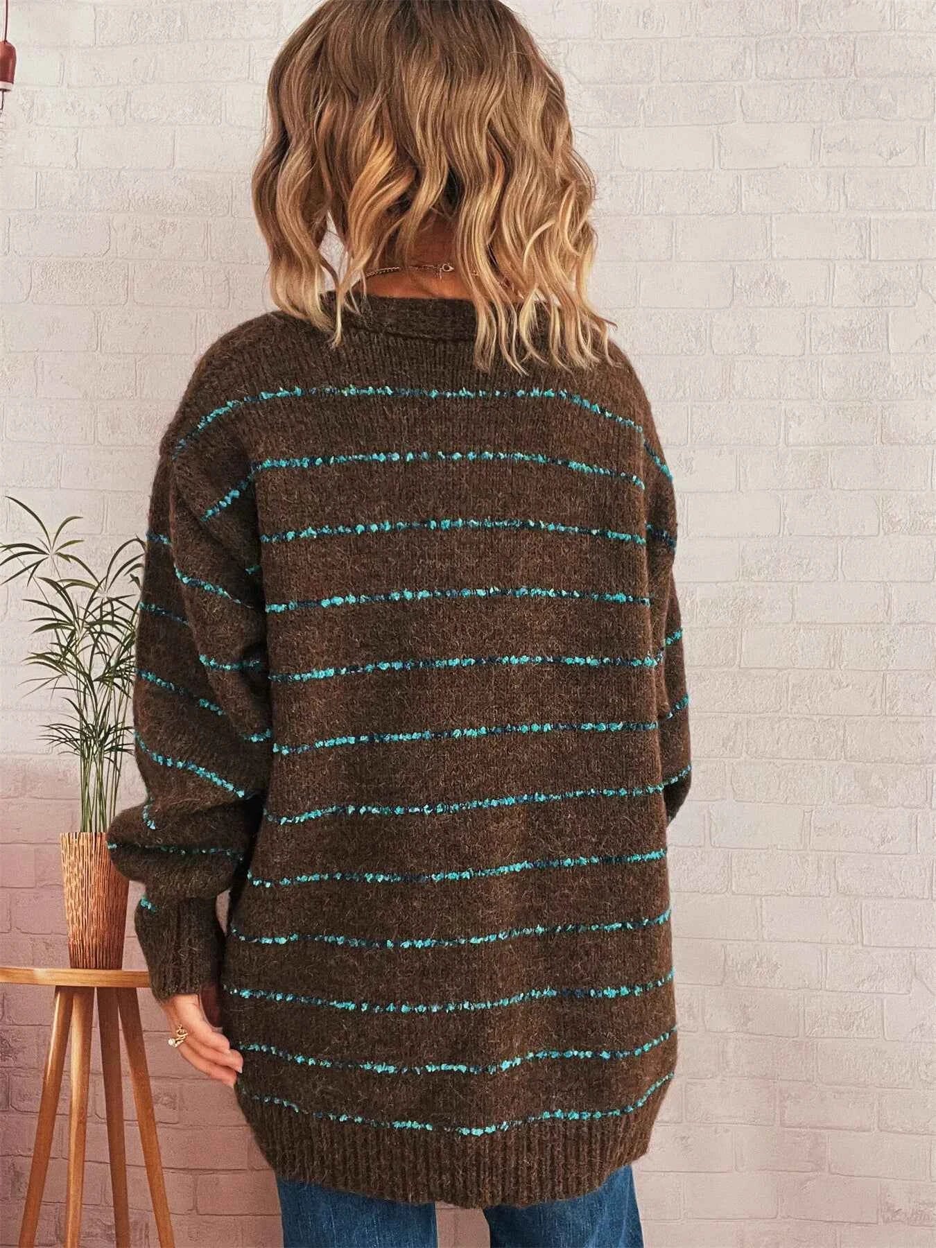 Striped Button-Up Cardigan with V-Neck Design 2f8758e2a2584be991e579daea923fb2-Max-Origin