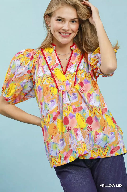 Abstract Print Puff Sleeve Top YELLOW MIX 2f87cf48-96b7-4e6f-800f-ea026c930b58-Max-Origin