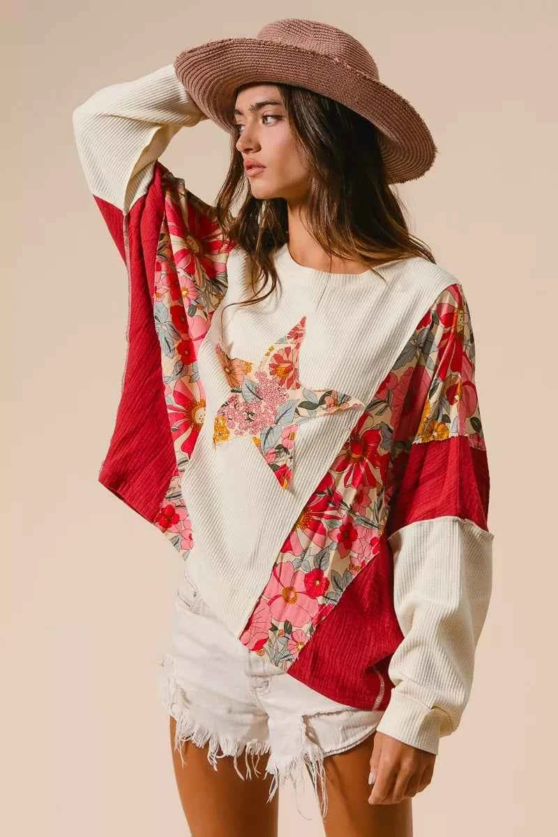 BiBi Floral Print Mixed Star Patch Round Neck Sweatshirt 2f8a0e40bbfe4ec480f4c9d41d4ba417-Max-Origin