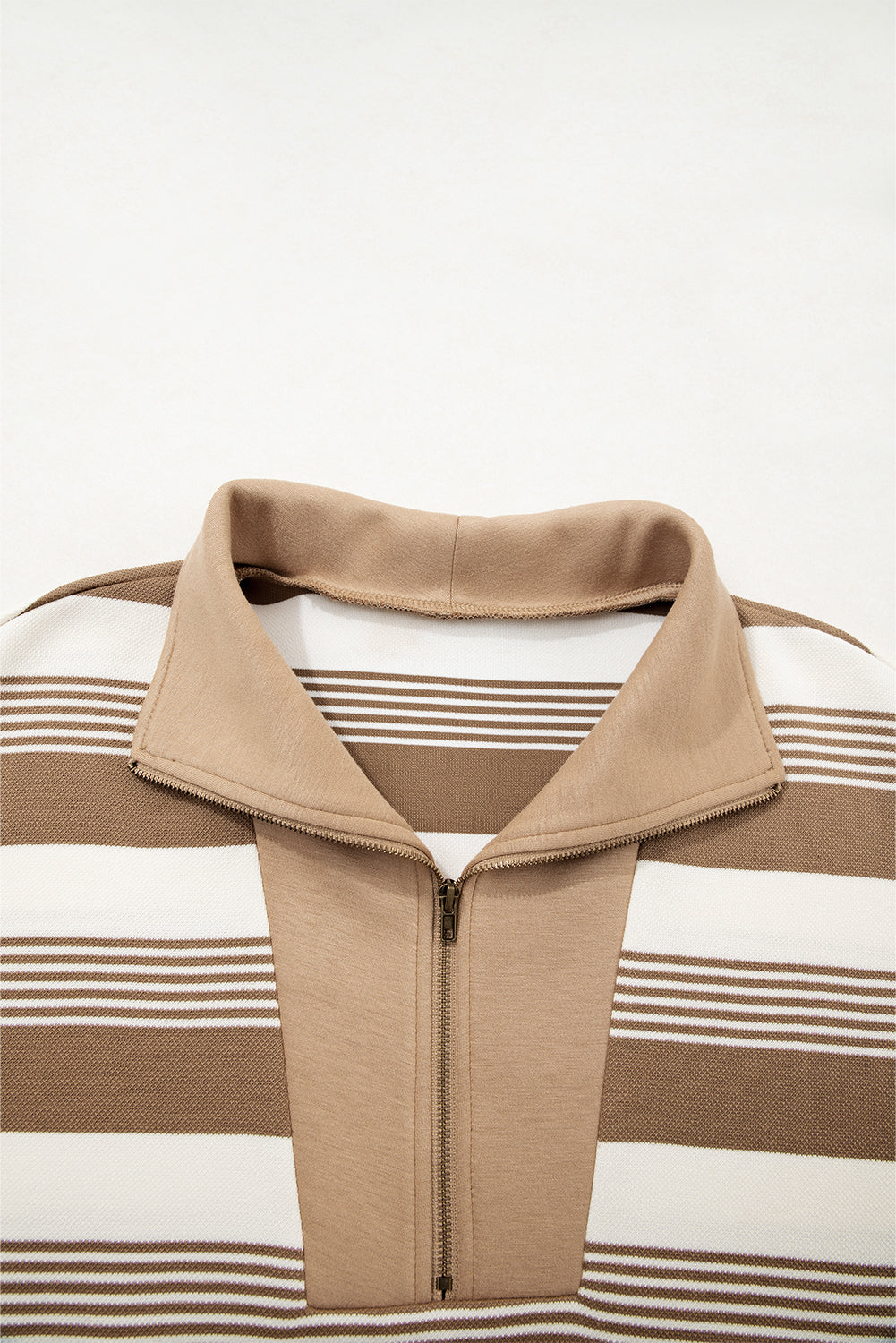 Khaki Striped Zipper Collar Pullover Sweatshirt 2f8ba5eda7e2541f