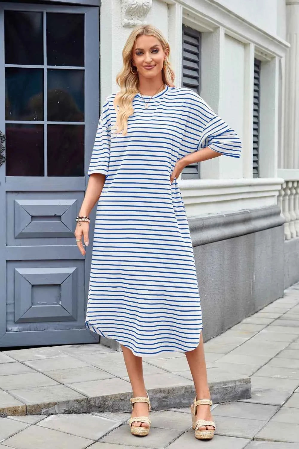 Lovelet Contrast Striped Half Sleeve Midi Tee Dress 2f8bb0f6-72ed-4cc6-919f-b3593bc582c8-Max