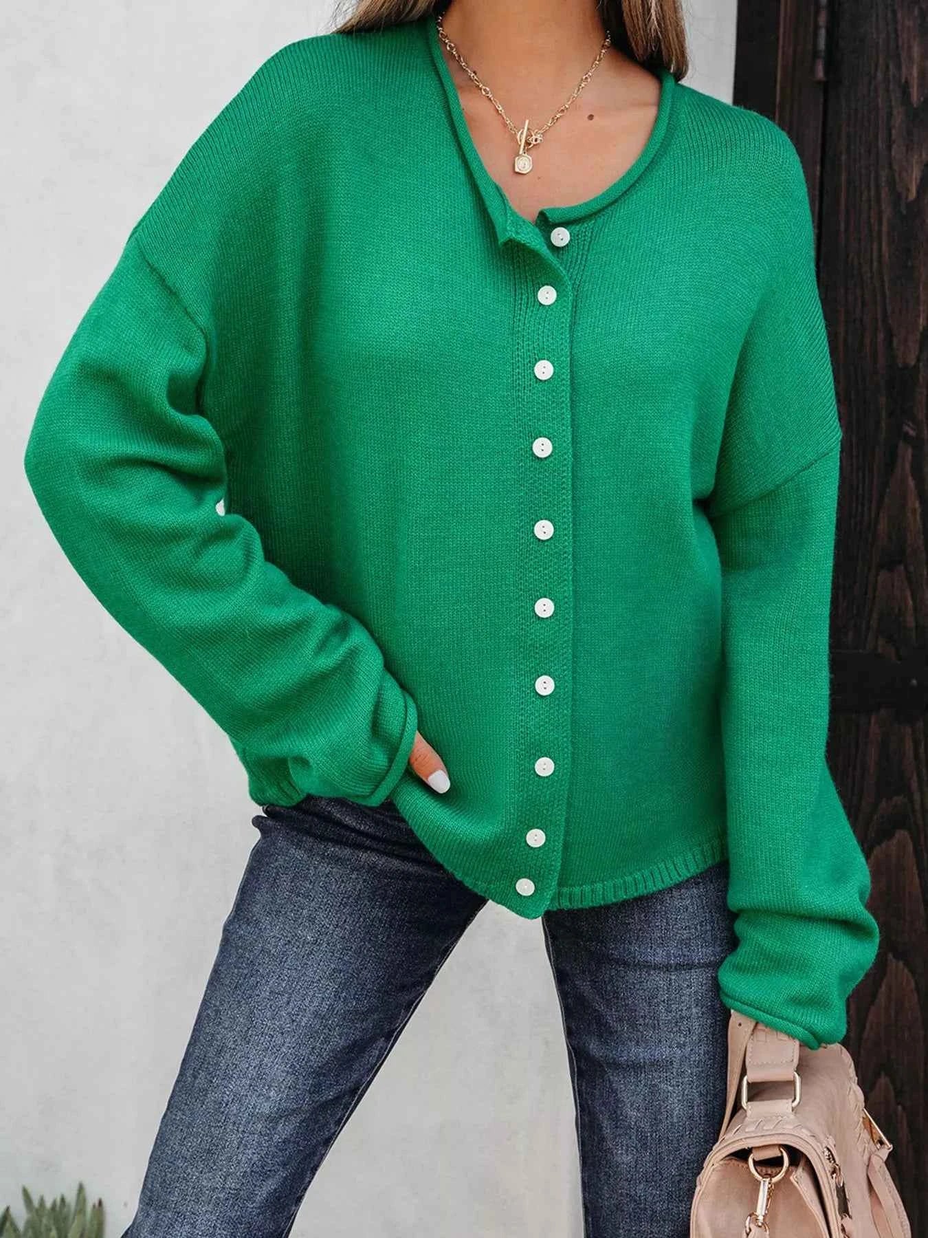 Solid Color Knit Button Drop Shoulder Sweater Cardigan Dark Green 2f8d24b8-f449-408f-967d-cc24791394dd-Max-Origin