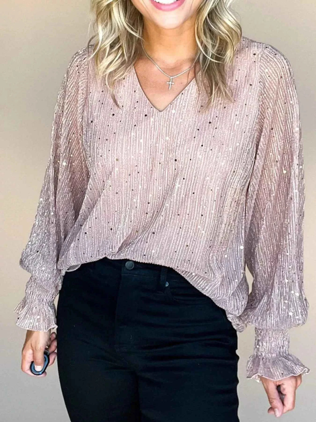 Sequin V-Neck Flounce Sleeve Blouse 2f8da1af-61c4-45ff-85d9-84ed472d6135-Max-Origin
