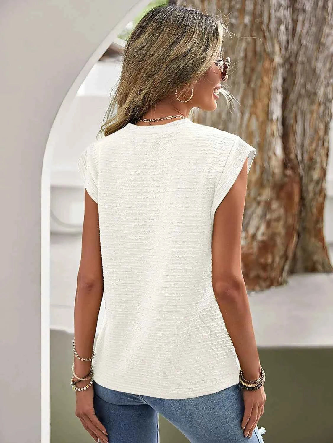 Textured Round Neck Cap Sleeve Top 2f95d39f592240ce8ceeb70ce7c57d54-Max-Origin
